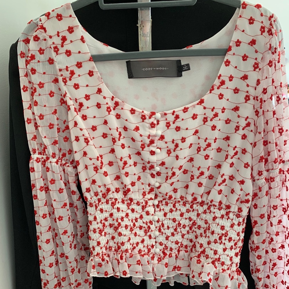 Red and white floral top